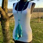 Türkizkék 8 árnyalata 108 szemes mala, mantra füzér, nyaklánc nagy ponge selyem és organza bojttal