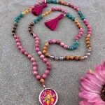 108 szemes, kézzel festett Ganésha mantra füzér, mala kézzel festett medállal 